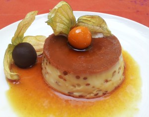 Coconut crème caramel with glazed physalis